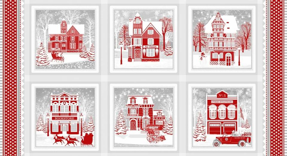 Tela de Navidad Holiday Lane House Hotel Gris Algodón por Henry Glass Panel de 24" Foto 1 de 1