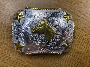 Vintage Nocona Gold and Silver Tone Horse Head Belt Buckle - Picture 1 of 3