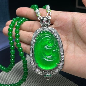luckly Nature inlay ice green Burmese Jade Jadeite carved Ruyi Pendant&Necklaces - Picture 1 of 11