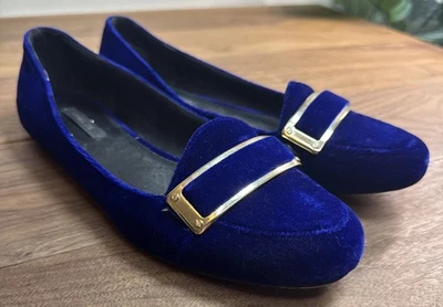 Mocasines planos Rachel Zoe talla 8,5 azul lirio terciopelo punta redonda cierre dorado Preppy Foto 1 de 4