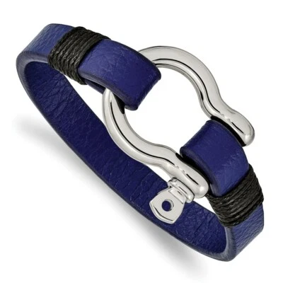 Stainless Steel Polished Black and Blue Leather 8.25in Shackle Bracelet - Image 1 of 3