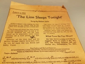 Vintage Newspaper Clip The Lion Sleeps Tonight by Robert John 1961 "Learn a Hit" - Picture 1 of 5