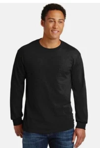 Black XL New Gildan Men's Ultra Cotton Long Sleeve Pocket T-Shirt Blank Tee - Picture 1 of 4