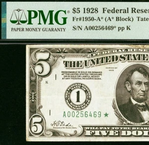 1928 $5 Federal Reserve Note PMG 30 - Gold on Demand - Boston Star Fr 1950-A* - Picture 1 of 3