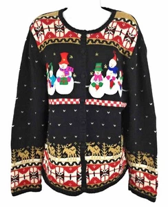 Ugly Christmas Sweater Designers Originals Studio Cardigan Size L Snowmen Black - Picture 1 of 9