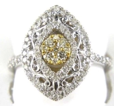 Anillo con racimo amarillo de diamantes redondos naturales en forma de marquesa de oro blanco de 14 k de 0,75 quilates Foto 1 de 4