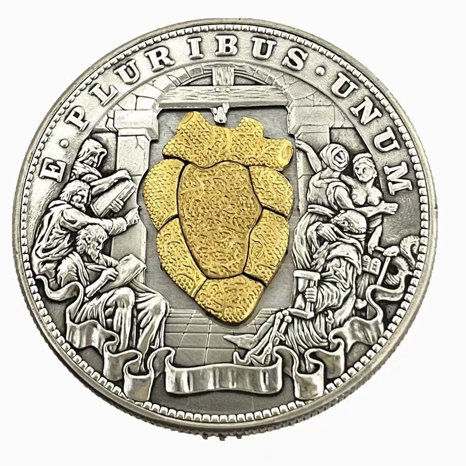 Moving Mechanism Coin'Beating Gold Heart' Hobo Morgan Dollar Collectible Gift