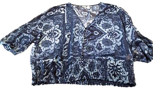 Route 66 Navy Floral 3/4 Sleeve Boho Blue Floral Peasant Blouse Women's 2XL XXL - Picture 1 of 9