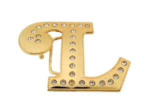 Initial L Letter l Western Belt Buckle Gold Metal Iced Style Rhinestones Womens - Picture 1 of 9