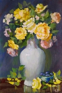 Roses Flowers bouquet modern oil painting by the artist 20х14cm 8х5.5" - Picture 1 of 1