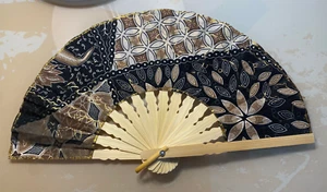Fan Hand Bamboo Cloth Black Handmade Indonesia New Avenico Summer Fashion #150 - Picture 1 of 19