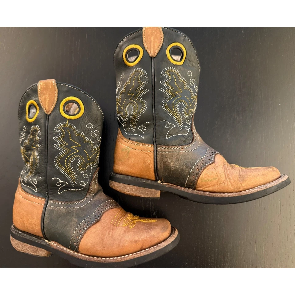 Botas de Vaquero Western Rodeo de Cuero para Niños Pequeños 7 Negras/Tabaco Puntera Cuadrada Foto 1 de 4