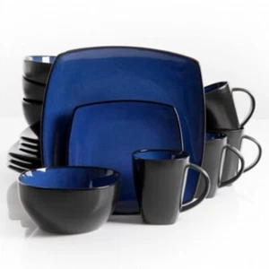 Gibson Soho Lounge 16 Piece Square Stoneware Dinnerware Set In Blue And Black - Picture 1 of 1