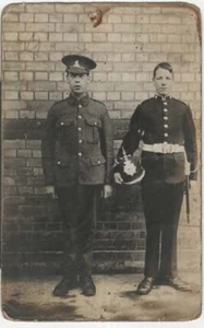 RP POSTCARD TWO WWI SOLDIERS C1914 CEREMONIAL SPIKED HELMET - Picture 1 of 2