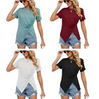 Women Short Sleeve Solid Color T-Shirt Ruched Side Split Hem Casual Top
