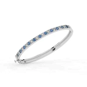 Natural Round Brilliant Cut Diamonds with Blue Sapphire Bangle in 18K White Gold - Picture 1 of 6