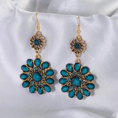 Vintage Blue Red Round Folower Dangle Earrings for Women Lnlaid Zircon Jewelry - Image 1 of 4
