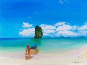 Original painting, Acrylic on canvas, Handmade "Boat in paradise", certificate - Picture 1 of 1