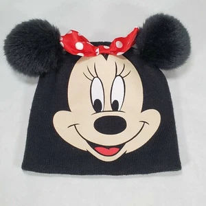 Disney Girls Minnie Mouse Hat Cap Beanie Stocking Red/Black with Poofs - Picture 1 of 3
