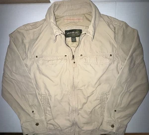 Eddie Bauer Utility Jacket Men’s Large Canvas Khaki Tan Flap Pockets Field Chore - Picture 1 of 11