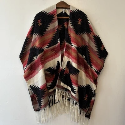Aztec Southwestern Poncho One Size Pockets Fringe Acrylic Orange Brown - Image 1 of 4