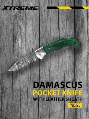 Navaja de bolsillo de acero Damasco hecha a mano personalizada hoja plegable con funda de cuero  Foto 1 de 4