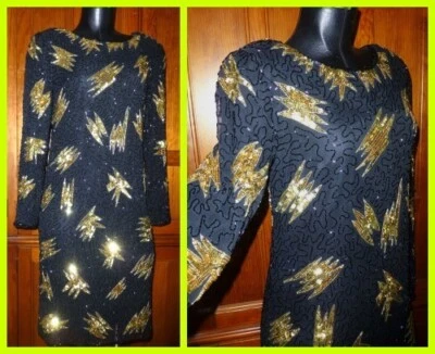 FAB винтажный 80-х золотой черный блестками бисер вышитый коктейльное официальное вечернее платье - Изображение 1 из 4