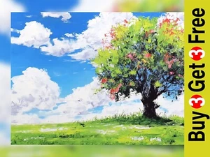 Bright Summer Tree 5"x7" Print on Matte Paper | Idyllic Countryside Painting - Picture 1 of 7