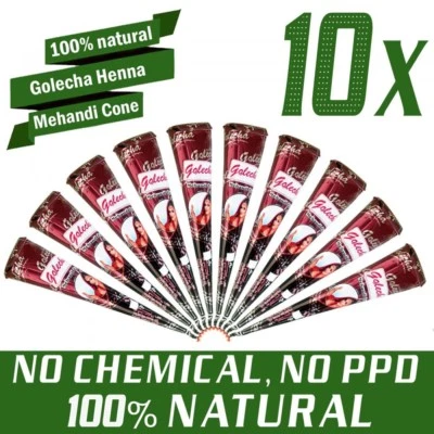 10x Natural Golecha Henna Tattoo Paste Kegel Cones, Rot-Braun, Ohne Chemie, 250g