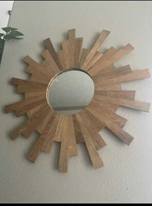 Rustic weathered Wood crafted Sunburst Starburst wall mirror 24” W Round - Picture 1 of 6