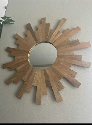 Rustic weathered  Wood crafted Sunburst Starburst wall mirror  24” W Round - Image 1 of 4