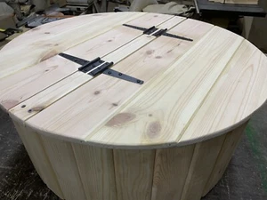 Hand Made Solid Wood  Reclaimed Material Pine coffee table Barrel Wheels - Picture 1 of 5