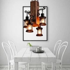 4-Light Retro Wood Chandelier Iron Ceiling Lamp Industrial Rustic Pendant Light - Picture 1 of 6