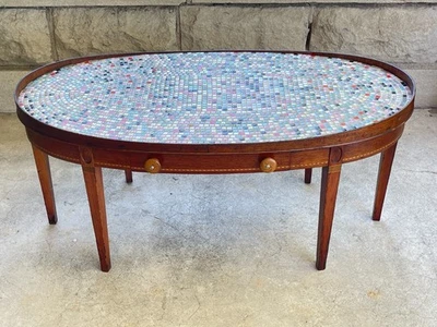 Mid Century Mersman 6964 Oval Mahogany Inlaid Coffee Table Custom Mosaic Tile - Image 1 of 4