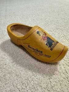 VINTAGE Single Heineken Beer Hand Carved Wooden Yellow Dutch Clog - Picture 1 of 9