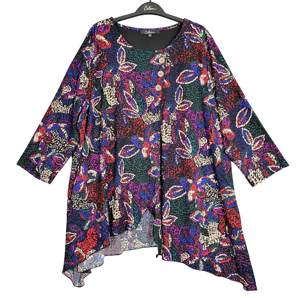 Calessa Artsy Floral Button Handkerchief Tunic Crinkle Textured SIZE 2X LL24S18W