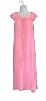 Vtg 1960s Hot Pink Chiffon Overlay Floral Lace Nylon Long Nightgown Satin Sz M - Image 1 of 4