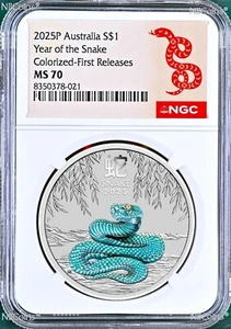 Moneda de plata de $1 año lunar de la serpiente 2025 NGC MS70 1 oz color (azul claro) - Imagen 1 de 2