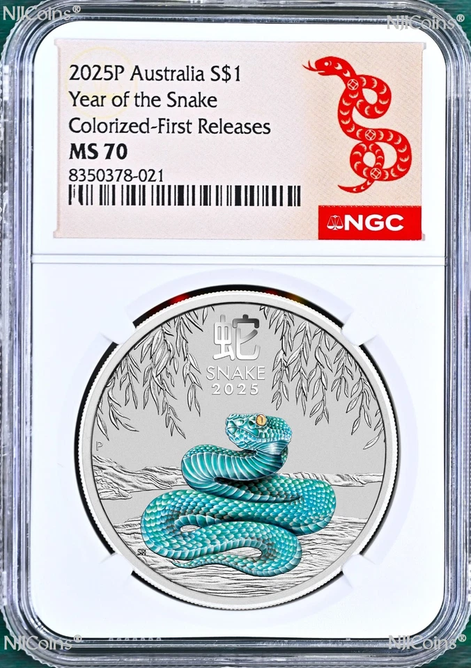 2025 Lunar Year of the Snake NGC MS70 1oz $1 Silver Coin Colored (Light Blue) FR - Image 1 of 2