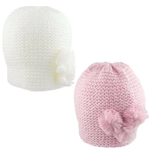 Baby Girl Beanie Hat Knitted with Cute Pom Embellishments Cotton Lined 0-3 3-6 M - Picture 1 of 9