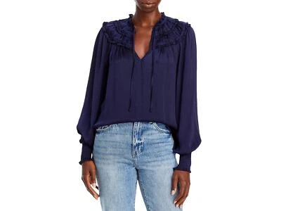 Aqua 289275 Women's Ruffle Yoke Tie Neck Top - Navy Size XS - Image 1 of 2