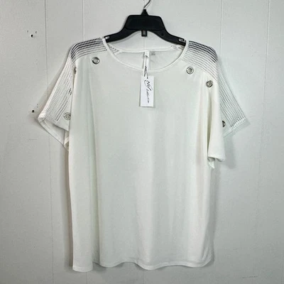 Blusa feminina NY Collection tamanho grande branca manga curta malha ombros ilhós - Imagem 1 de 4