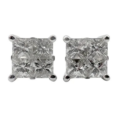 Princess Cut Diamond Cluster 14K WG Stud Earrings - Image 1 of 3