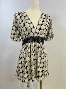 VTG Y2K Babydoll Top Womens Black White Tie Back Short Sleeve Embellished Size L - Picture 1 of 11