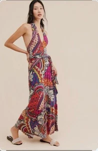 NWT Maeve Cynthia Halter Maxi Dress Small Pink Geometric Jersey Anthropologie - Picture 1 of 15