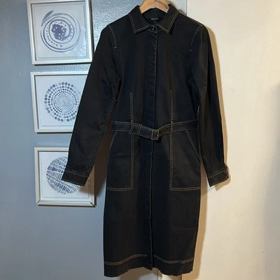 Worth Black Denim Hidden Button Front Belted Long Sleeve Jean Coat Dress Size 8 - Image 1 of 4