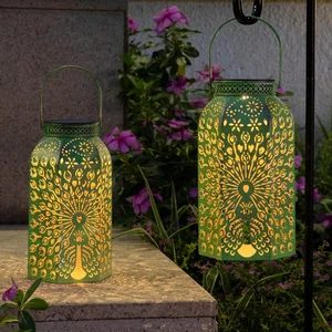 2 Pack Solar Outdoor Lanterns Waterproof Peacock Garden Patio Antique Green - Picture 1 of 7