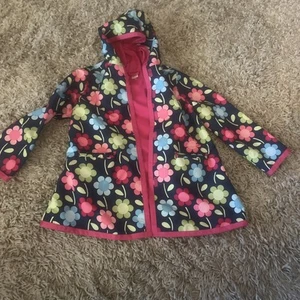 Gymboree Girl’s Rain Coat M 7/8 Navy Pink Flowers Brightest In Class Jacket Hood - Picture 1 of 15