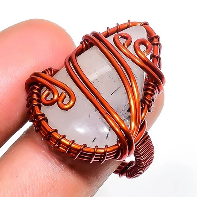 Кольцо из черной рутила с драгоценными камнями и медью проволочная пленка ручной работы удивительное ювелирное изделие 7 дюймов - Изображение 1 из 4