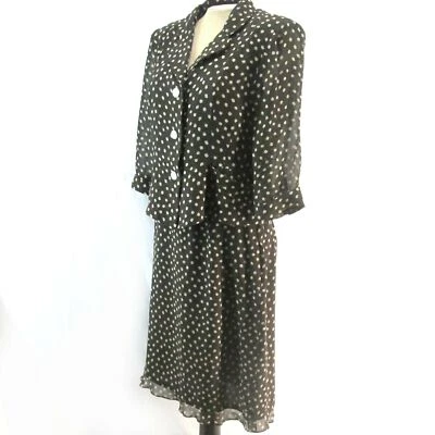 Cynthia Howie Sheer Brown Beige Polka Dot Silk Skirt Blouse Set 14 PETITE D815 Foto 1 de 4